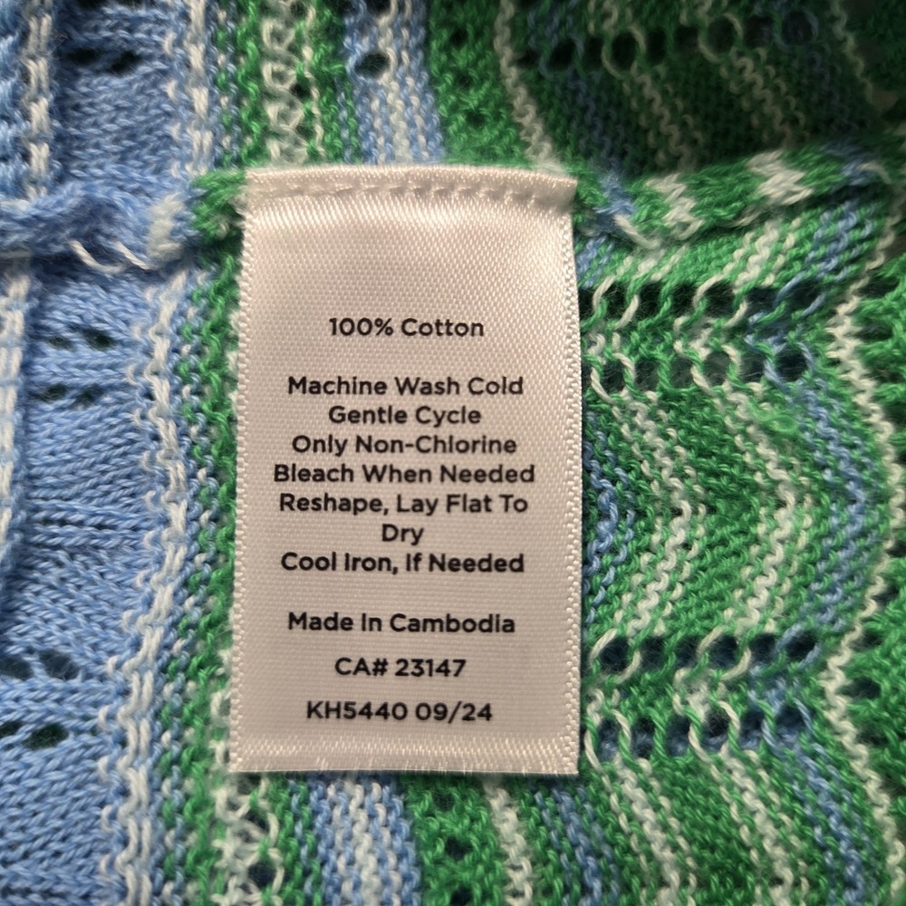 Talbots Casual Green Blue Stripe Crochet Short Sleeve Lightweight Sweater Medium - Picture 8 of 8